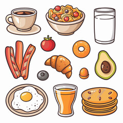 breakfast food, fried egg, pizza, soda, hot dog, tomato,  avocado, donut, croissant, orange juice
