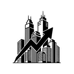 Cityscape with high-rise buildings and a rising arrow. Real estate market growth concept. Vector illustration.