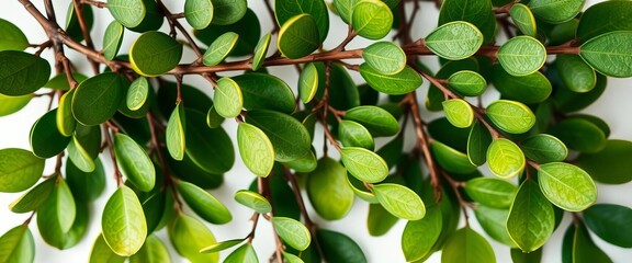 Close-up of lush green eucalyptus leaves and branches arranged on a white background , isolated, floral