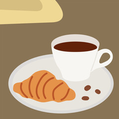 Cup of coffee and croissant, simple cartoon drawing. French breakfast.