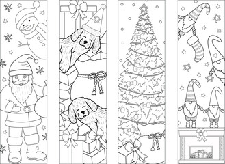 Coloring bookmarks for adult and children: Christmas tree, Santa Claus, Dwarfs and dog
