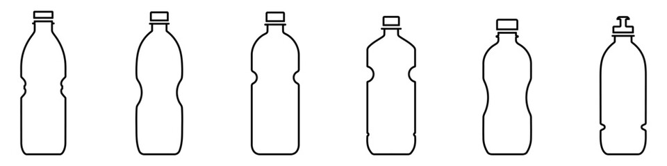 Set of outline images of plastic bottles in various shapes. Black vector illustration.