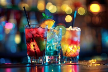 Three colorful cocktails are standing on bar with blurred background