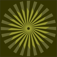 A hypnotic burst of golden beams radiates from the center, creating a mesmerizing pattern of geometric harmony against a deep olive background.