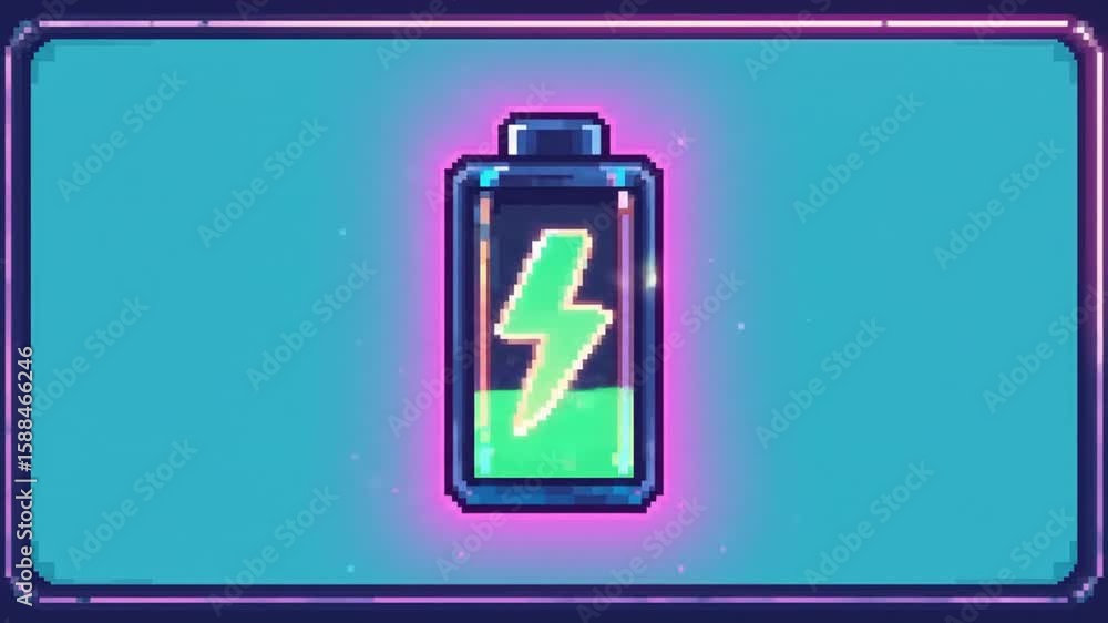 Poster animated pixel art battery charging icons with neon glow for ui and game design