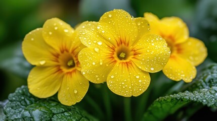 Vibrant Yellow Primroses with Dew Drops