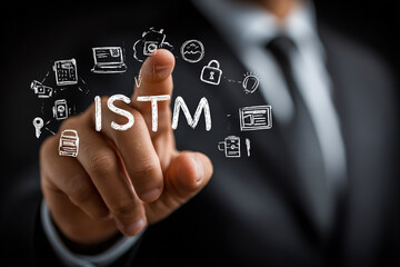 Businessman taps ISTM on a virtual interface. Technology, digital, business, finance, communication, innovation, data, security concept. Marketing, web use.
