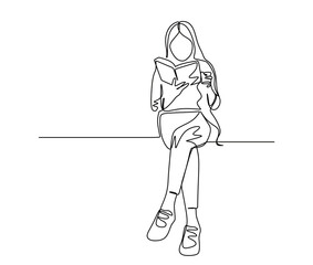 Obraz premium continuous line art of a female student studying and reading while sitting