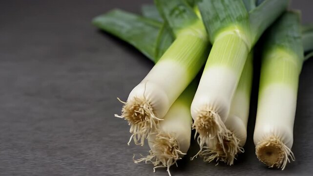 Fresh Leeks Displayed on Dark Grey Background Food Still Life
