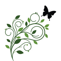 Green Floral Swirl with Black Butterfly – Nature Vector Design for Eco Themes © Yearmuk Stodio 2