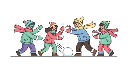 Naklejka premium Winter fun children playing snowball fight in colorful winter clothes