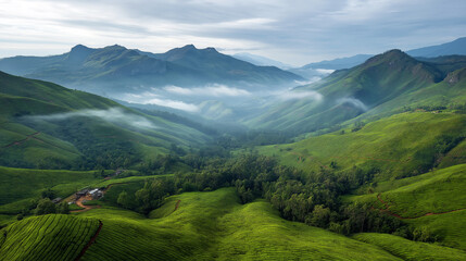 Fototapeta premium High-angle view of Kerala's Munnar hills covered with tea plantations and misty sky, lush green landscape.