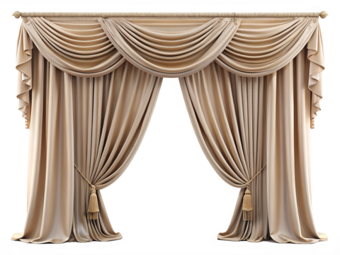 Photo of elegant beige curtains with tassels isolated on transparent background