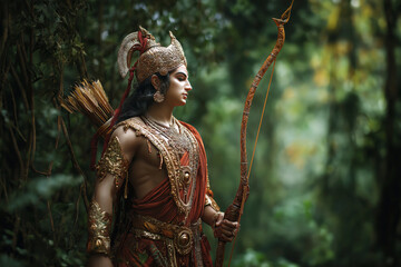 Fototapeta premium Lord Ram standing heroically with bow and arrow in hand, in the forest of exile, strong and serene expression.