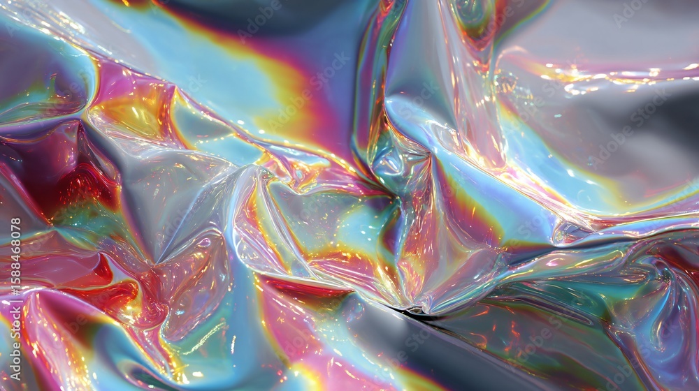 Poster iridescent foil texture displaying an abstract wavy design with vibrant colors and silver