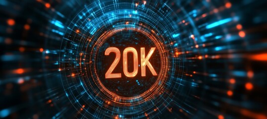 Obraz premium Futuristic 3D Representation of 20K Logo with Orange and Blue Tech Circle Dots Effect, Modern Visual