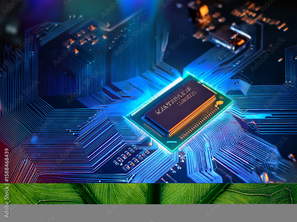 Poster close-up of processor pins and motherboard circuits in modern layout abstract collage of cpus and bo