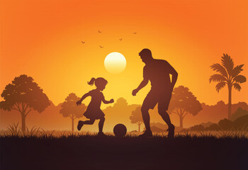 Father and Daughter Playing Soccer at Sunset - Silhouette Vector Illustration

