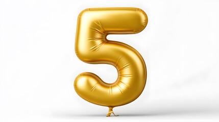 Naklejka premium Golden number 5 balloon on soft white backdrop. Elegant and festive visual great for marking events, numeric compositions, or birthday party branding. number 5 balloon, golden number, celebration
