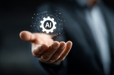 Businessman presents AI technology. Concept: artificial intelligence, automation. Use for marketing, tech designs, editorials, web.