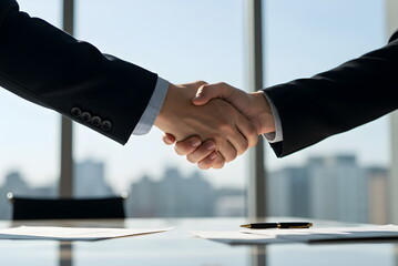 Close-up of a Business Handshake with Cityscape in the Background, Symbolizing Partnership and Agreement