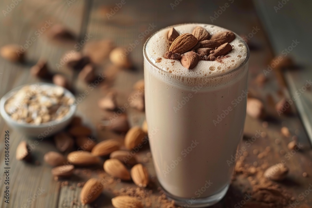 Poster protein shake topped with almonds and cocoa powder standing on a wooden table with almonds and cocoa