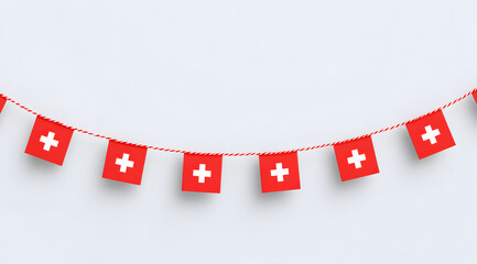 Bunting garland with Swiss flags on white background. A bright and playful decoration for Swiss National Day, perfect for parties and patriotic visuals.
