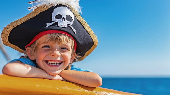 Smiling child wearing pirate hat on boat deck under blue sky, expressing joy, imagination, summer adventure and playful childhood fantasy during a sea voyage.