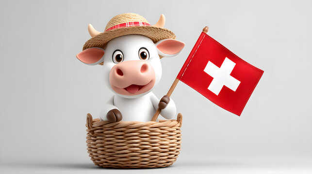 Cartoon cow in Swiss hat holding flag. A fun and patriotic character to celebrate Swiss National Day with charm and national pride.