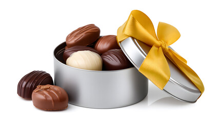 Tin box of assorted chocolates with yellow bow on white background. Elegant festive presentation for holiday gifts, product mockups, and ads.