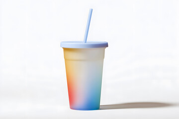 Gradient reusable tumbler cup with lid and straw, isolated on white. Modern, colorful solution for cold drinks and eco-conscious lifestyle.