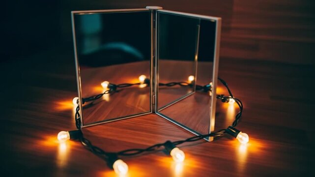 Trifold Mirror Reflecting String Lights on Wood Table