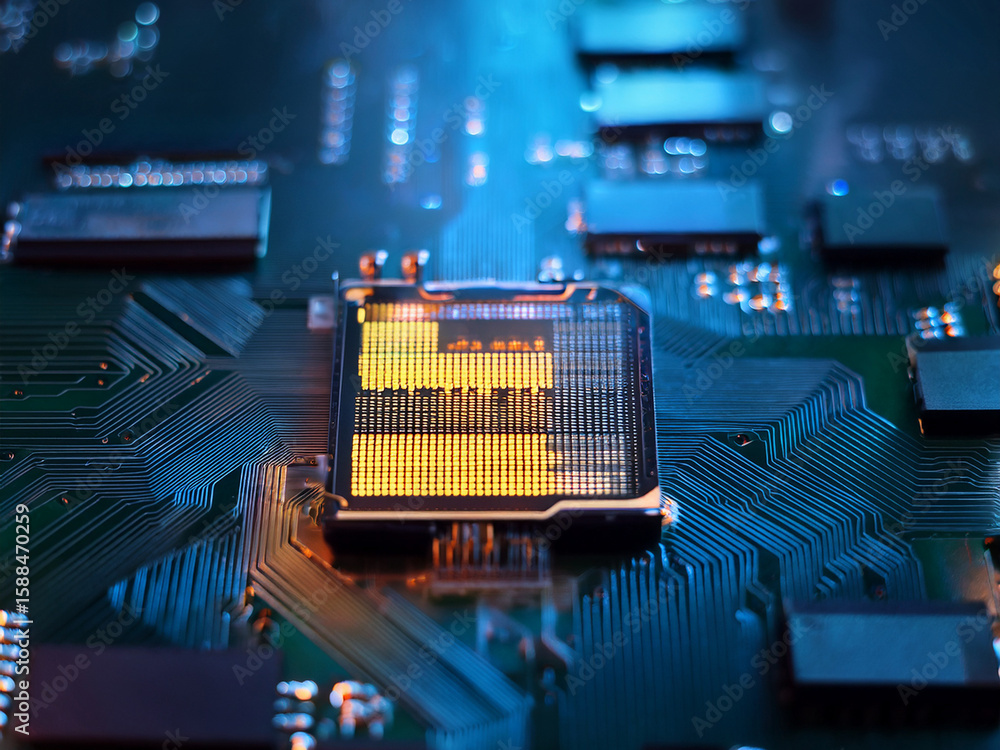 Poster high-tech composition of cpu and motherboard in modern visual style close-up of processor pins and m