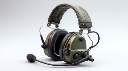 Military-style headset modern technology product photography studio setting close-up view innovative design for audio use