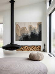 Modern Scandinavian living room with hanging fireplace, abstract wall art, and cozy minimalist decor