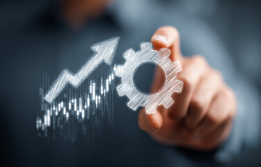 Man adjusts a gear with upward graph, growth concept. Use for business, finance, and automation marketing. Hand-drawn style, dark background.