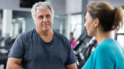 Fototapeta premium A middle-aged man with obesity visiting a fitness center, inquiring about weight loss programs.