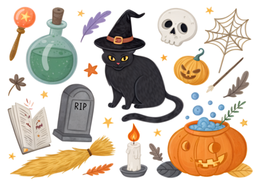 Halloween Elements Illustration with Black Cat and Pumpkin - Spooky Fun Design