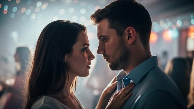 Close-up Couple Connection in a Lively Nightclub Setting