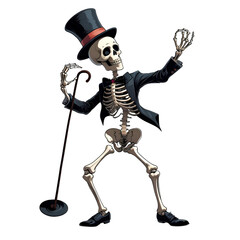 Dancing Skeleton In Top Hat AStylish Spectacle isolated on transparent background Generative AI.