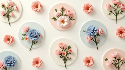 Floral Harmony: An eye-level perspective capturing a delicate array of floral arrangements, each meticulously placed upon pastel-colored circles. The scene exudes serenity.
