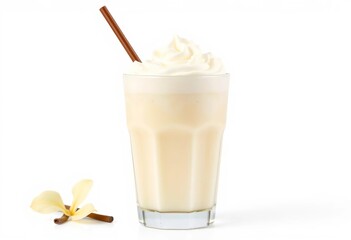 Creamy vanilla milkshake with fluffy foam in a glass, isolated on white,   vanilla flavor,   summer drink