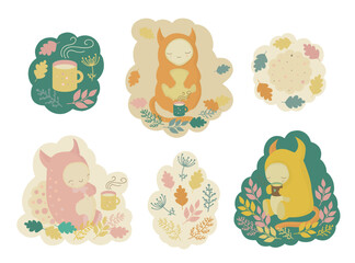 Collection of stickers with funny, cute and friendly monsters, mugs of hot tea, chocolate, or cocoa, and yummy cookies. The characters are all having a tea party in the woods. Cozy picnic.