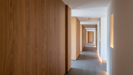 Fototapeta premium Modern hallway design with wood paneling and tile flooring for minimalist interior architecture style home