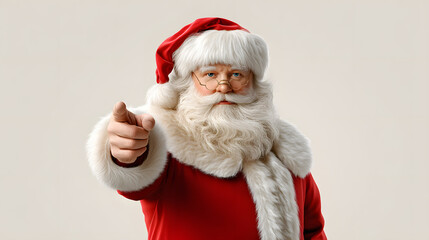 Serious Santa Claus in red costume pointing finger at viewer on beige background. Ideal for holiday campaigns, reminders, or humorous festive content.