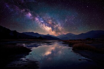 Milky Way reflecting in still water, mountains