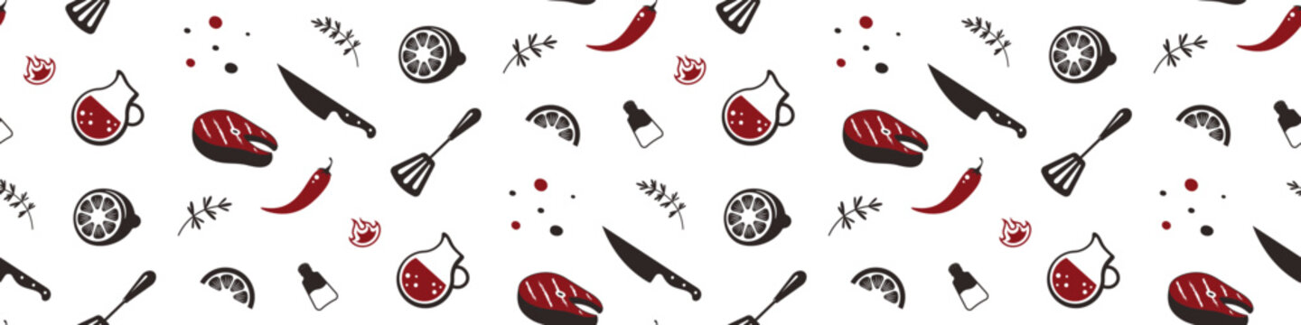 Seamless BBQ and grill  pattern on transparent background.Decorations  for  cafe and restaurant theme, wrapping paper.Cooking tools, fish steak,lemonad, knife, lemon, rosemary. Vector illustration.