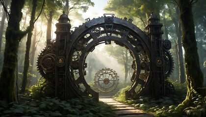 Obraz premium Exploring Steampunk Portal Amidst Lush Forest Trees and Fantasy Sphere