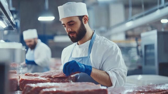 Butcher in uniform and gloves preparing raw meat in a professional facility, focusing on hygiene, quality and food processing operations.