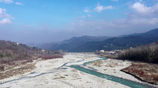 Aerial view of Parma torrent near the town of Langhirano, Parma, Emilia Romagna, Italy.